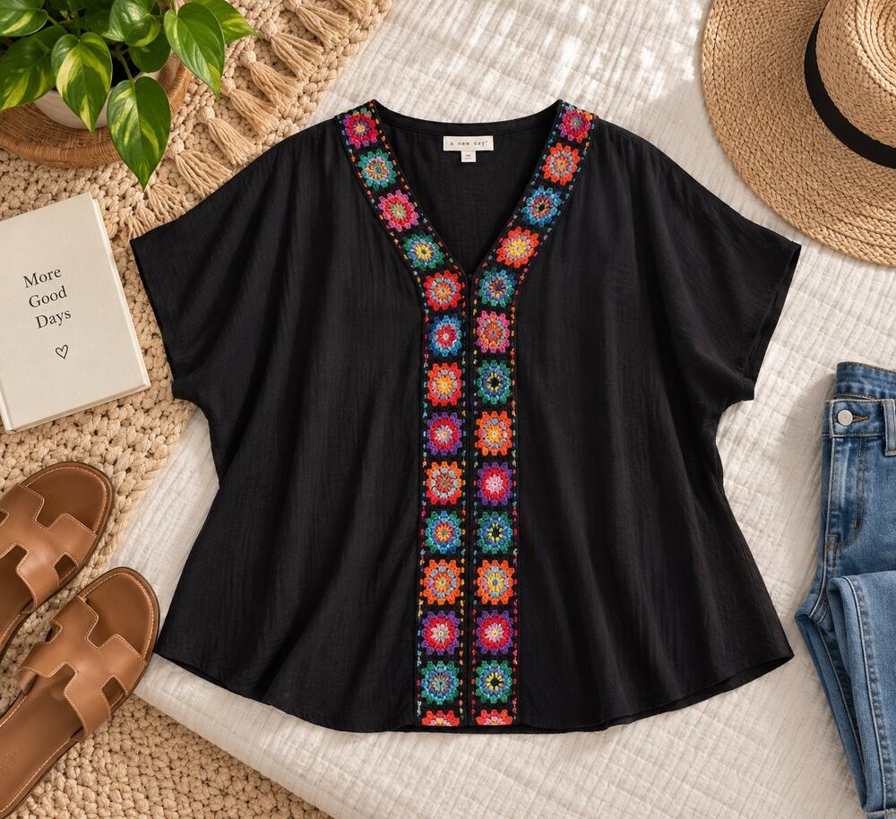 Women’s 2XL Black Crochet Trim Kimono Blouse Boho Granny Square Tunic Top